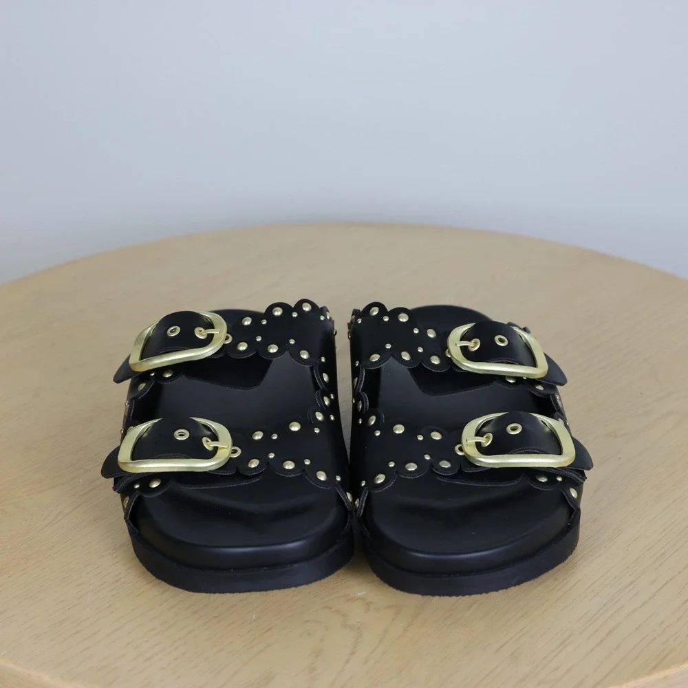 American Eagle Scalloped Studded Double Buckle Slide Sandals Women's 8 Summer